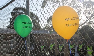 Police guard inside the fence - Refugee Rights Protest at Broadmeadows, Melbourne - Takver