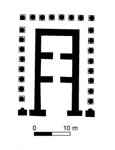 Plattegrond van een Parthische tempel in Ashur. Door Udimu (naar: Colledge, The Parthians, 126, fig. 32 (c)) [GFDL (http://www.gnu.org/copyleft/fdl.html), CC-BY-SA-3.0 (http://creativecommons.org/licenses/by-sa/3.0/) or CC BY 2.5 (http://creativecommons.org/licenses/by/2.5)], via Wikimedia Commons.