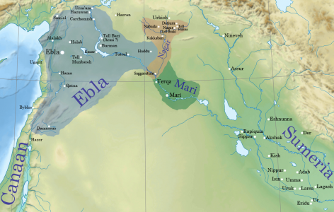 Oost-Semitische koninkrijkjes rond 2300 v. Chr. Bron: https://commons.wikimedia.org/wiki/File:Near_East_topographic_map-blank.svg Auteur: Sémhur
