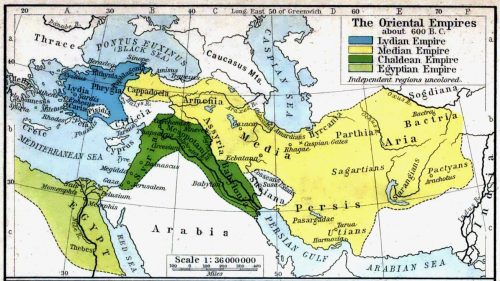 De belangrijkste grootmachten in het Nabije Oosten rond 600 v. Chr. Naar: Shepherd, W.R. 1923 'The Historical Atlas.' Het Medische Rijk is hier erg groot afgebeeld, in navolging van Herodotus' verslag.