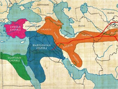De belangrijkste grootmachten in het Nabije Oosten rond 550 v. Chr. Ditmaal is de omvang en samenstelling van het Medische Rijk aangepast aan moderne inzichten. Eigen werk.