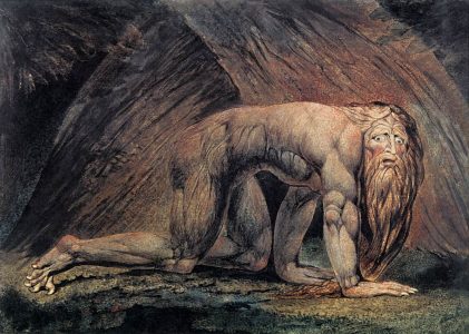 'Nebuchadnezzar' door William Blake. De verstandsverbijstering van Nebuchadnezzar, zoals beschreven in het bijbelboek Daniel, is waarschijnlijk gebaseerd op Perzische verhalen over Nabonidus' verblijf in de Arabische woestijn.
