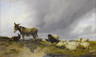 Cooper, Thomas Sidney 'Donkeys with a flock of sheep on heathland' 1870 - Plum leaves