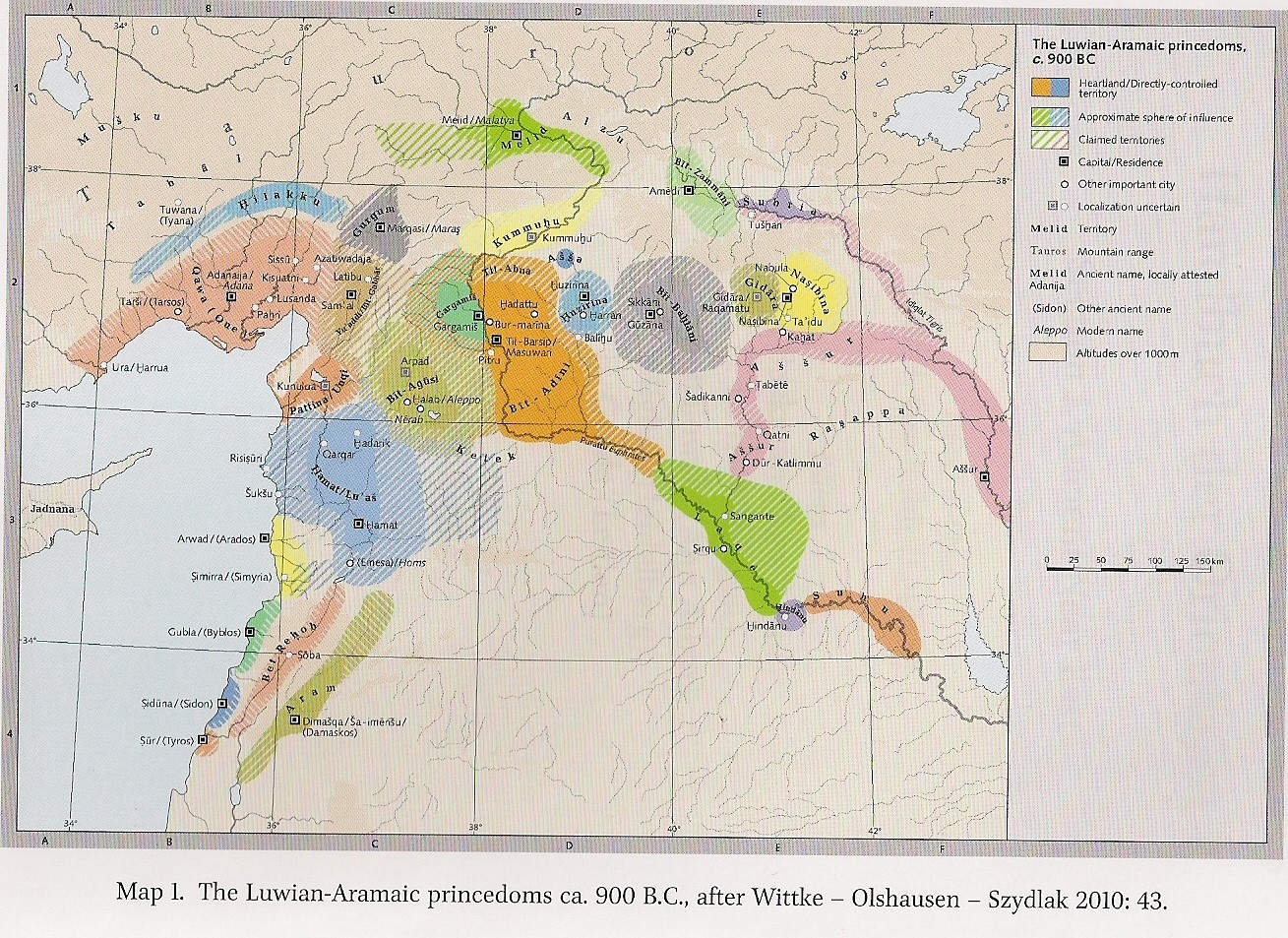 Aramese koninkrijken rond 900 v. Chr. Naar: Wittke, Olshausen & Szydlak (2013), p. 43.