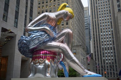 cc Flickr Andrew Dallos photostream Artist Jeff Koons 45 foot fall inflatable sculpture Seated Ballerina in Rockefeller Center