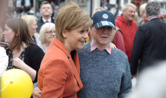 Nicola Sturgeon at home with the happy throngs while campaigning in rich SNP territory @ Kirkintilloch today. - Ninian Reid