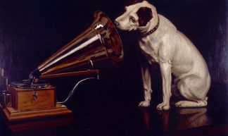 Dog Looking at and Listening to a Phonograph, "His Master's Voice", The Original RCA Music Puppy Dog Logo Symbol for Advertising - Beverly & Pack
