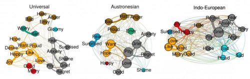 © Credit T.H. Henry, Max Planck Institute for the Science of Human History,. Comparison of universal colexification networks of emotion concepts with Austronesian and Indo-European language families