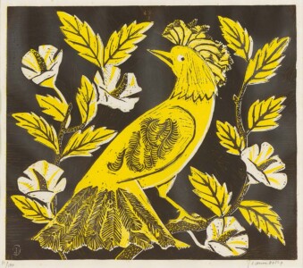 Jeanne Bieruma Oosting - Vogel op tak - kleurenlitho collectie Museum Belvedere - schenking particulier