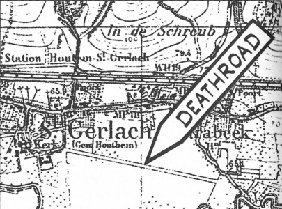 'Dodenweg' bij Houthem-Sint Gerlach (nabij Valkenburg) op een laat 19e eeuwse of vroeg 20 eeuwse kaart (het aangegeven station dateert uit 1888). De dodenweg gaat recht op de kerk af. (publiek domein)
