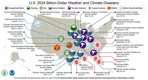 Overzicht van weers- en klimaatrampen met $1 miljard of meer schade in 2024