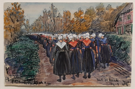 Jo Koster schilderde ansichtkaarten voor familie en vrienden, zoals deze een nieuwjaarsgroet (Staphorst,1913) © foto Wilma Lankhorst. Museum_Gouda Jo_Koster Koster schilderde ansichtkaarten voor familie en vrienden, zoals deze een nieuwjaarsgroet (1913) © foto Wilma_Lankhorst